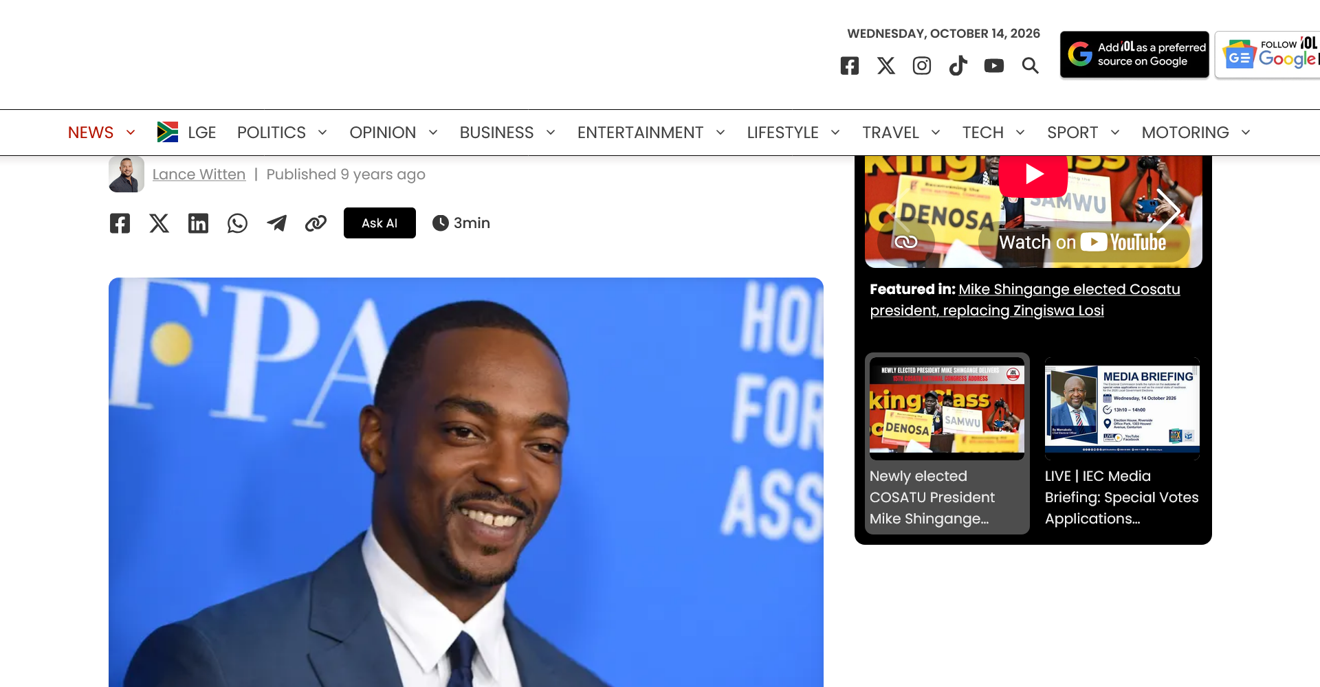 'Avengers' star Anthony Mackie to film in SA early 2018